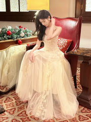 Pretty A Line Spaghetti Straps Tulle Chamapgne Ankle Length Evening Dress Prom Dresses SD2837