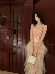 Pretty High Low Spaghetti Straps Tulle Pink Floral Ankle Length Evening Dress Prom Dresses SD2838