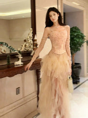 Pretty High Low Spaghetti Straps Tulle Pink Floral Ankle Length Evening Dress Prom Dresses SD2838