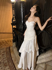 Retro Mermaid Spaghetti Straps Long Length White Evening Dress Prom Dresses SD2840