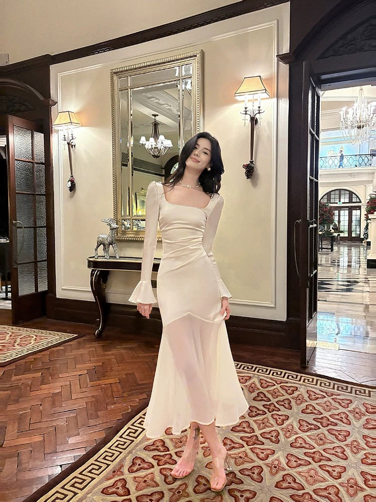 Pretty Mermaid Squere Neckline Satin Ankle Length Evening Dress Prom Dresses SD2841