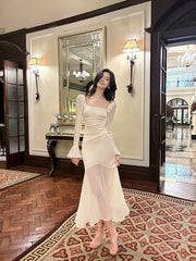 Pretty Mermaid Squere Neckline Satin Ankle Length Evening Dress Prom Dresses SD2841