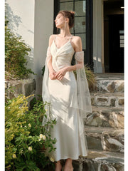 Pretty Mermaid Spaghetti Straps White Ankle Length Evening Dress Prom Dresses SD2853