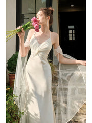 Pretty Mermaid Spaghetti Straps White Ankle Length Evening Dress Prom Dresses SD2853