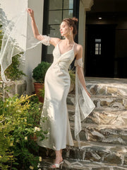 Pretty Mermaid Spaghetti Straps White Ankle Length Evening Dress Prom Dresses SD2853