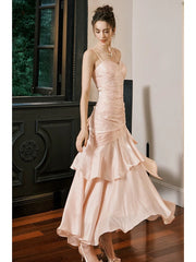 Retro Mermaid Spaghetti Straps Long Length Blush Pink Evening Dress Prom Dresses SD2854