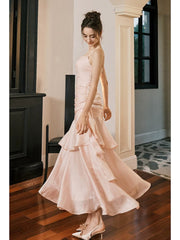 Retro Mermaid Spaghetti Straps Long Length Blush Pink Evening Dress Prom Dresses SD2854