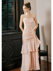 Retro Mermaid Spaghetti Straps Long Length Blush Pink Evening Dress Prom Dresses SD2854