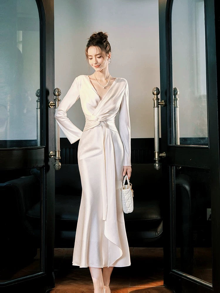 Modest Mermaid V Neckline Satin Ankle Length Evening Dress Prom Dresses SD2858