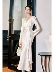 Modest Mermaid V Neckline Satin Ankle Length Evening Dress Prom Dresses SD2858