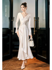 Modest Mermaid V Neckline Satin Ankle Length Evening Dress Prom Dresses SD2858