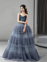 Sexy Ball Gown Sweetheart Neckline Gray Tulle Evening Dress Prom Dresses SD2859