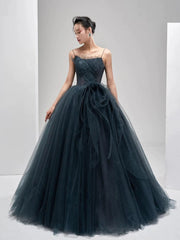 Sexy Ball Gown Spaghetti Straps Neckline Gray Tulle Evening Dress Prom Dresses SD2860