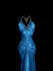 Vintage Mermaid Halter Neck Royal Blue Satin Backless Prom Gown Fairy Prom Dresses SD2907