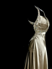 Aesthetic A line Halter Neckline Champagne Satin Prom Dress Ruffle Long Party Dress SD2908