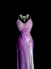 Aesthetic A line Halter Neckline Lilac Satin Prom Dress Ruffle Long Party Dress SD2910