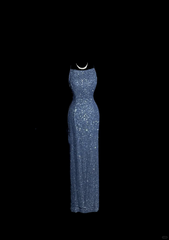 Vintage Mermaid Boat Neck Blue Sequin Backless Prom Gown Fairy Prom Dresses SD2911