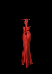 Aesthetic Mermaid Halter Neckline Red Satin Prom Dress Ruffle Long Party Dress SD2912