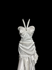 Retro Mermaid Halter Satin High Low Evening Dress Prom Dresses SD2915