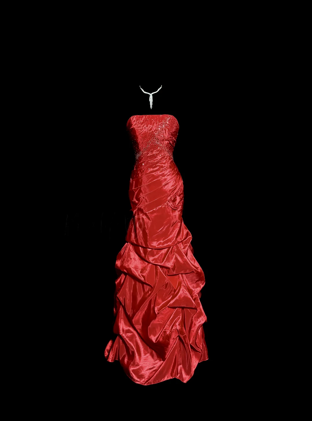 Aesthetic Mermaid Strapless Neckline Red Taffeta Prom Dress Ruffle Long Party Dress SD2917