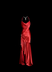 Vintage High Low Halter Satin Red Prom Gown Fairy Long Prom Dresses SD2935
