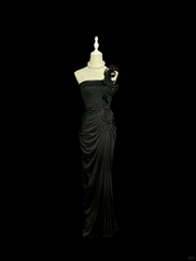 Modest Mermaid One Shoulder Black Satin Long Prom Dress Party Dress SD2939