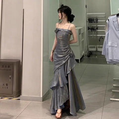 Vintage Mermaid Spaghetti Straps Gray Long Party Dresses Birthday Outfits SD2949