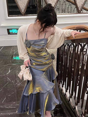 Vintage Mermaid Spaghetti Straps Gray Long Party Dresses Birthday Outfits SD2949