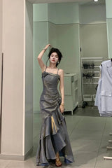 Vintage Mermaid Spaghetti Straps Gray Long Party Dresses Birthday Outfits SD2949
