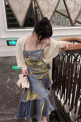 Vintage Mermaid Spaghetti Straps Long Party Dresses Birthday Outfits SD2950