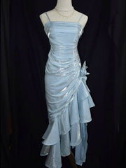 Retro Baby Blue Vintage Floral Dress Asymmetrical Hem Prom Gown SD2954
