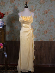 Vintage Yellow Halter Neck Floral Prom Gown Fairy Princess Prom Dress SD2955