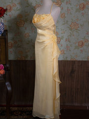 Vintage Yellow Halter Neck Floral Prom Gown Fairy Princess Prom Dress SD2955