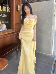 Vintage Yellow Halter Neck Floral Prom Gown Fairy Princess Prom Dress SD2955