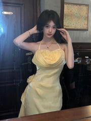 Vintage Yellow Halter Neck Floral Prom Gown Fairy Princess Prom Dress SD2955