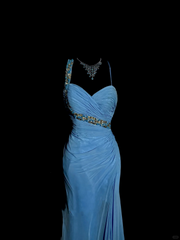 Vintage Mermaid Sweetheart Blue Chiffon Long Prom Gown Fairy Prom Dresses SD2957