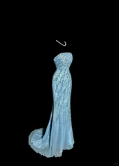 Vintage Mermaid Strapless Tulle Blue Beads Long Prom Gown Fairy Prom Dresses SD2960