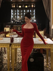 Chic Sheath Long Sleeves Red Prom Dresses Sexy Birthday Outfits SD298