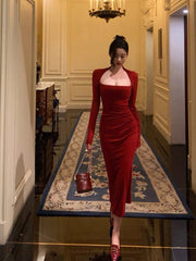 Chic Sheath Long Sleeves Red Prom Dresses Sexy Birthday Outfits SD298