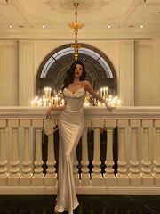 Sexy Mermaid Spaghetti Straps White Silk Satin Long Prom Dresses Birthday Outfits SD305