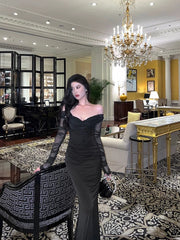 Sexy Sheath Off The Shoulder Black Long Sleeves Prom Dresses Evening Dress SD416