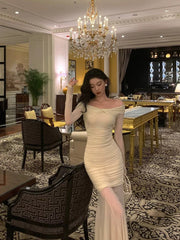 Modest Sheath Off The Shoulder Long Sleeves Beige Prom Dresses Evening Dress SD421