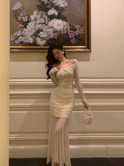 Modest Sheath Off The Shoulder Long Sleeves Beige Prom Dresses Evening Dress SD421