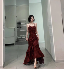 Chic High Low Spaghetti Straps Burgundy Long Birthday Dresses Birthday Outfits SD454