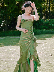 Vintage High Low Spaghetti Straps Ruffles Green Prom Dresses Birthday Outfits SD468