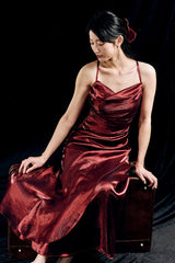 Vintage Sheath Spaghetti Straps Burgundy Ankle Length Prom Dresses Birthday Outfits SD474