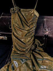 Vintage Mermaid Spaghetti Straps Long Gold Sequin Prom Dresses Birthday Outfits With Flowers SD485