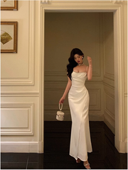 Chic Sheath Spaghetti Straps Long White Prom Dresses Birthday Outfits SD566