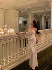 Chic Sheath Spaghetti Straps Long White Prom Dresses Birthday Outfits SD566