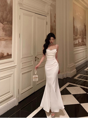 Chic Sheath Spaghetti Straps Long White Prom Dresses Birthday Outfits SD566